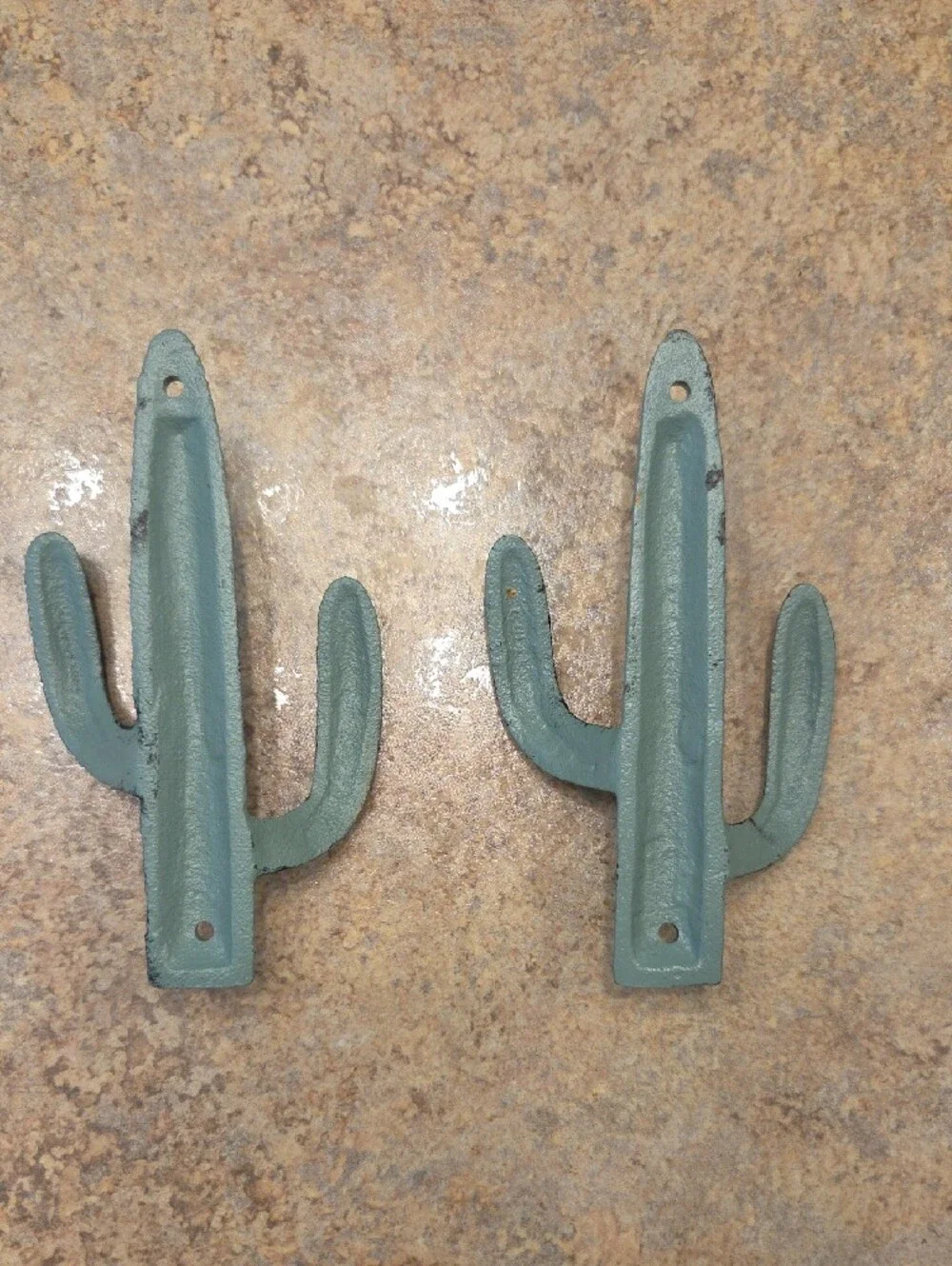 Rustic Cactus Wall Hooks - Distressed Teal Green Pair